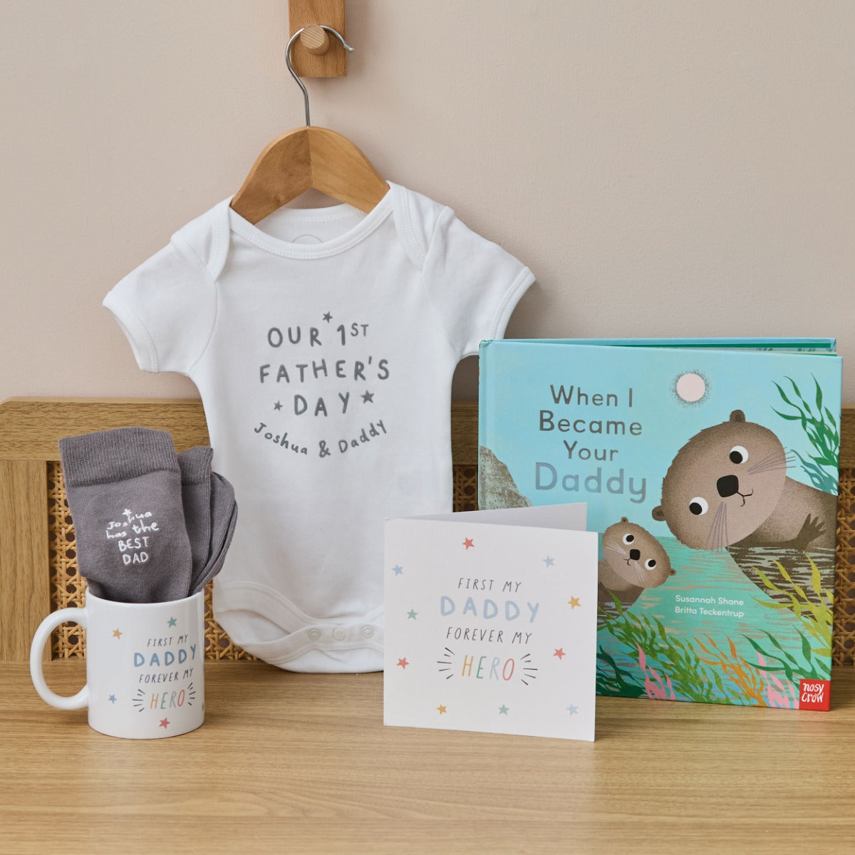 Personalised My Hero 1st Father's Day Bodysuit, Socks & Book Gift Set
