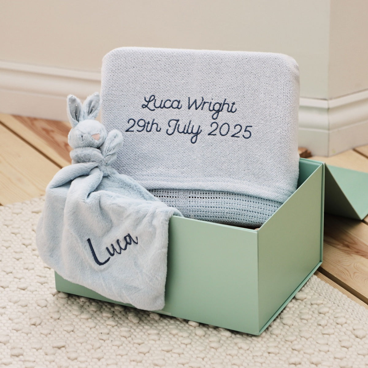 Personalised Blue New Baby Gift Set