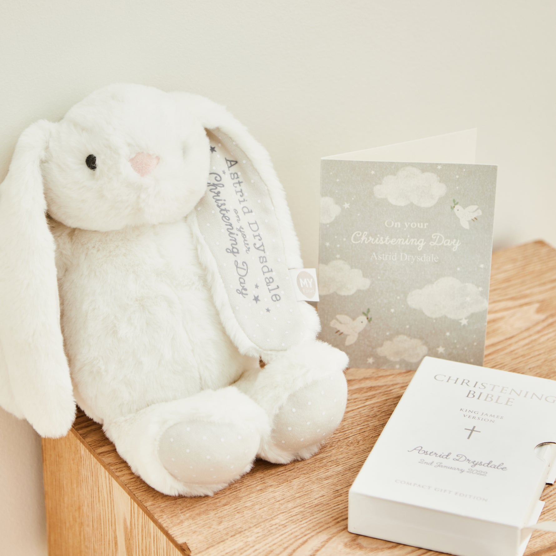 Personalised Bunny and Bible Christening Gift Set