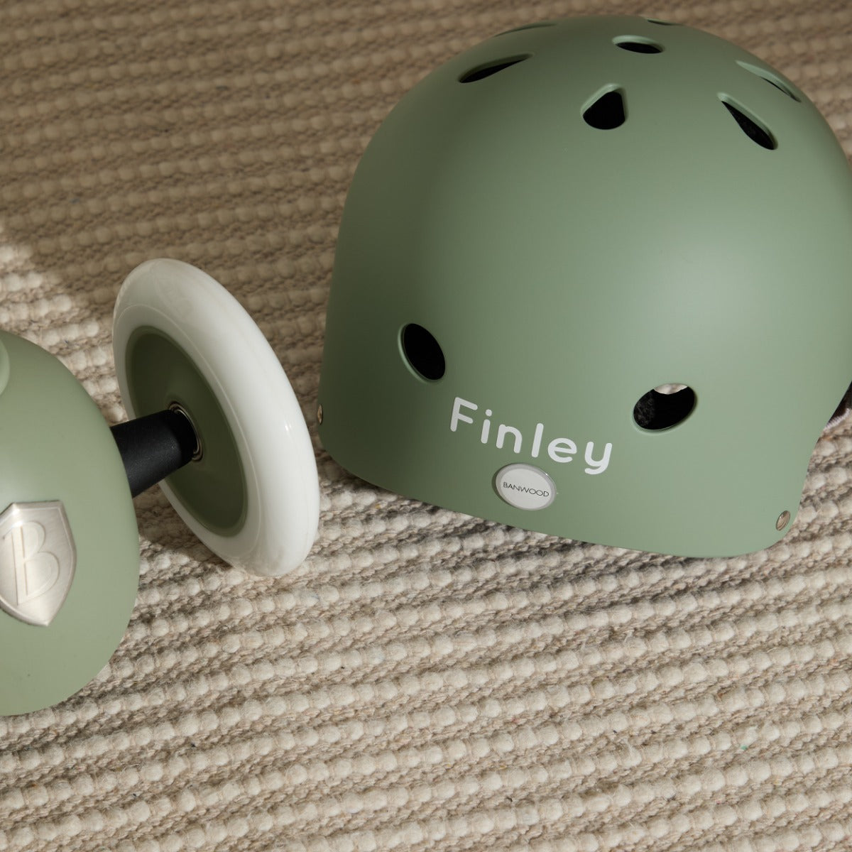 Personalised Olive Eco Banwood Three-Wheel Scooter and Helmet Set