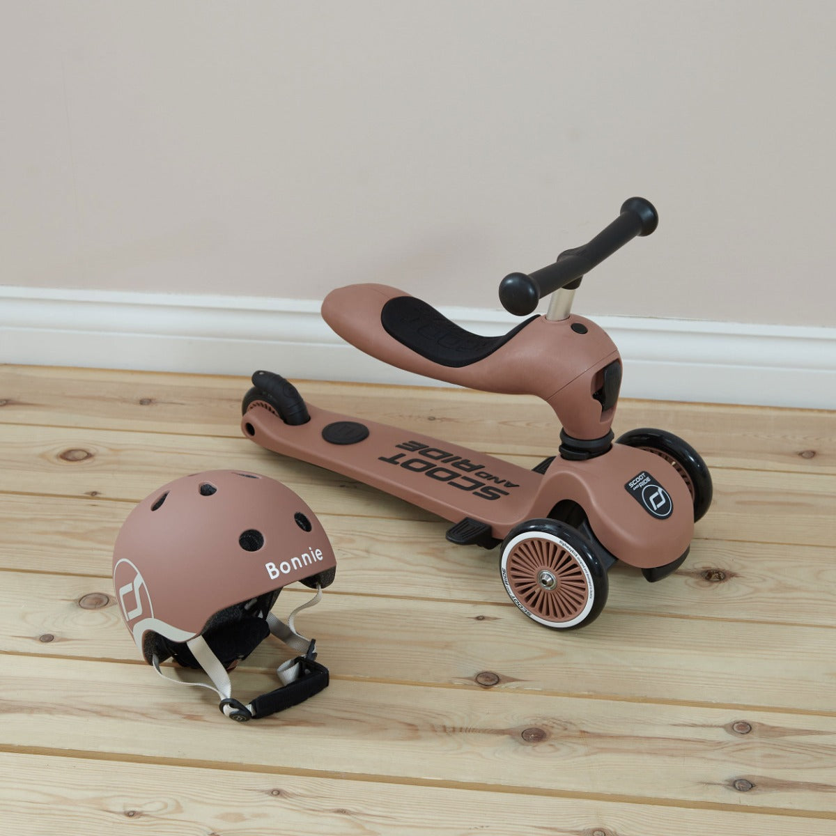 Personalised Scoot & Ride Push & Go Mocha Scooter & Helmet Gift Set