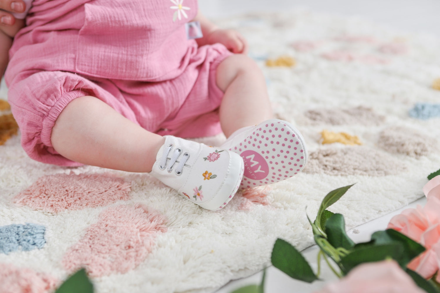 Personalised White Floral Baby High Top Trainers