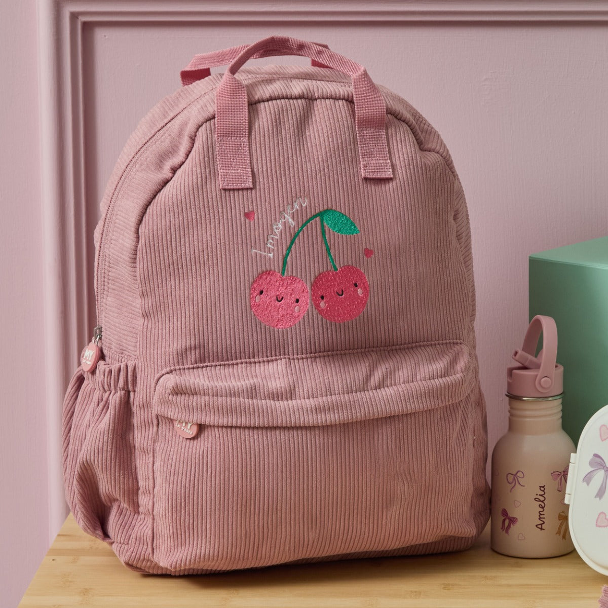 Personalised Cherries Large Pink Cord Backpack
